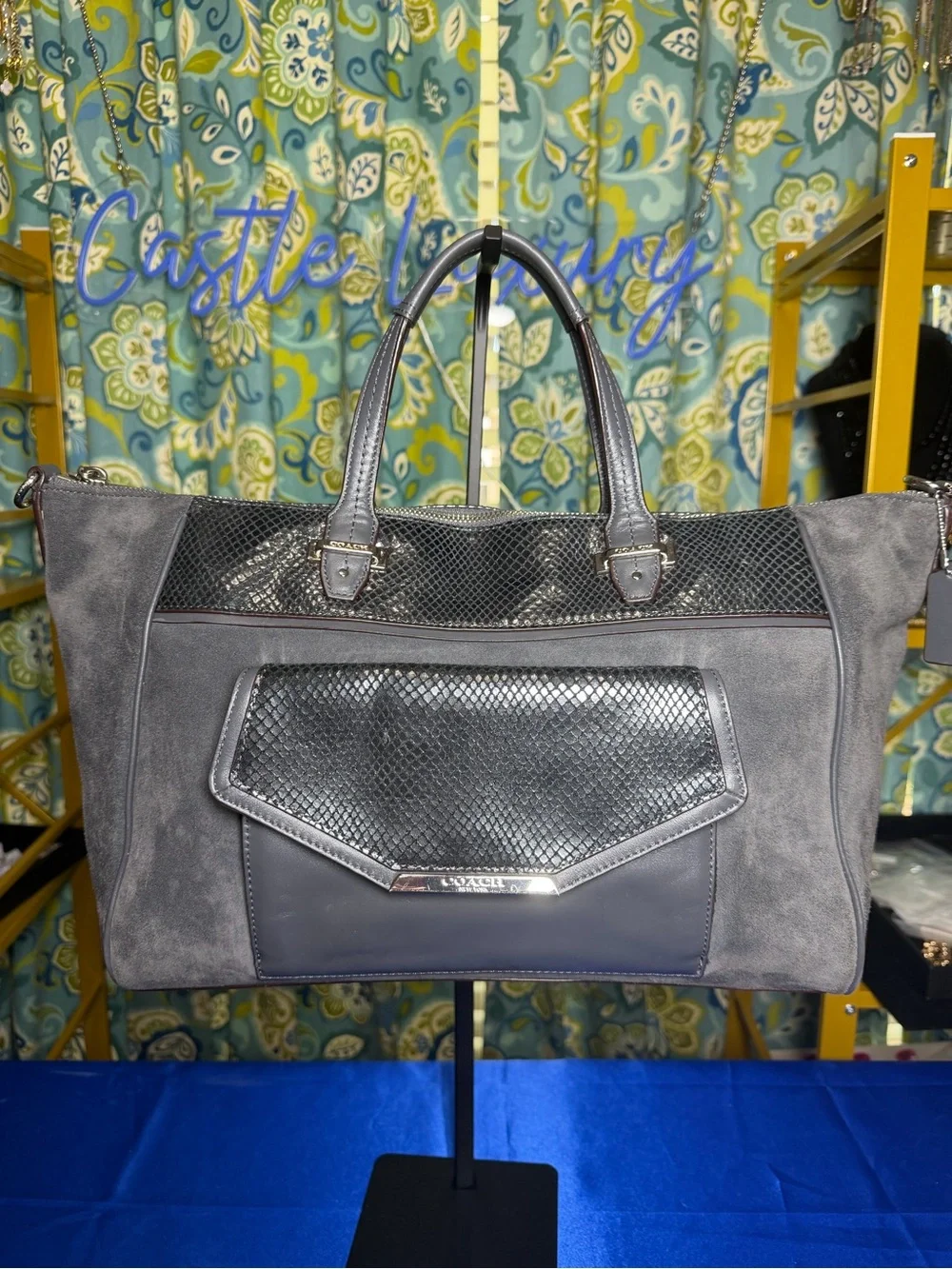 COACH Taylor Tote Charcoal Grey with Snakeskin Leather & Suede Bag